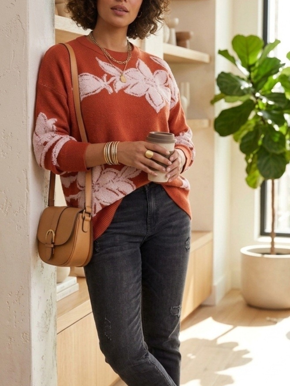 NICOLE MILLER Rust Burnt Orange Floral Crewneck Sweater 1X